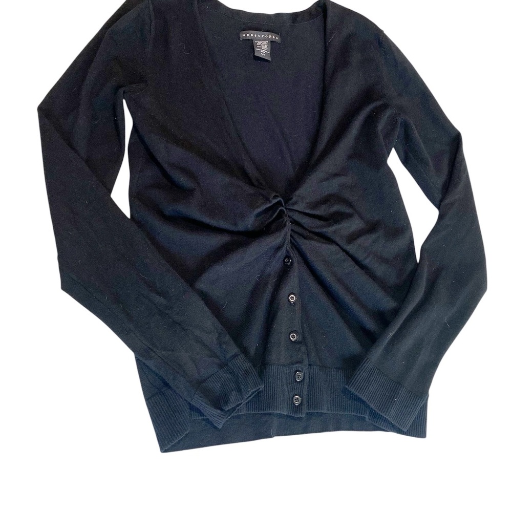 Apostrophe Black Scrunch Front V-Neck Cardigan Women Size Small HSH